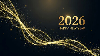 Golden glitter wave with 2026 happy new year text on dark background light sparkle