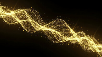 Golden glitter waves flowing across a dark background with light flares image