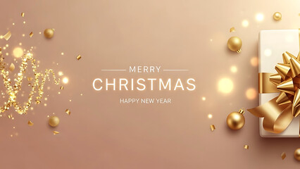 Naklejka premium Gold Christmas Ornaments Gift Box Confetti Festive Lights Background image