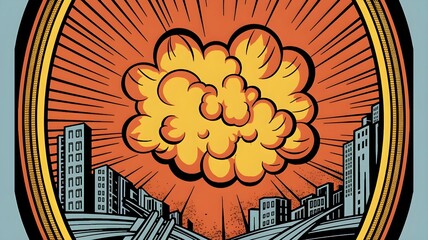 Stylized illustration of a nuclear explosion over a city with radiating lines and a circular frame