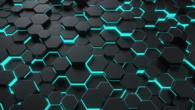 Abstract dark hexagon pattern with cyan glow, futuristic tech background of geometric shapes and network structure.