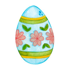 Blue Easter egg with patterns. Hand-drawn watercolor illustration, cartoon. Farm, animals, bird, village, poultry farm, holiday, children, Easter, eggs, celebration, fun, game