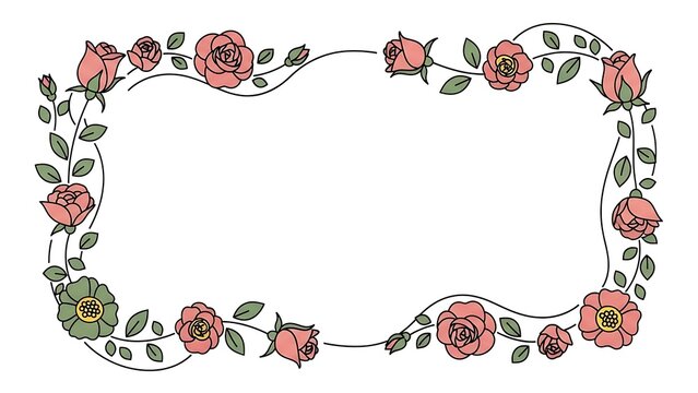 Decorative floral frame with pink roses and green leaves - Powered by Adobe