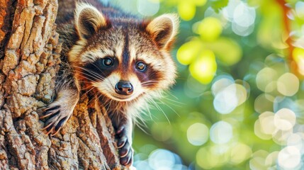 Fototapeta premium Cute Raccoon Cub Peeking Out From Tree Branch in Bright Forest Scene
