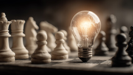 A glowing lightbulb standing among chess pieces representing strategic thinking innovative solutions leadership and intelligent decision making within competitive environments.

