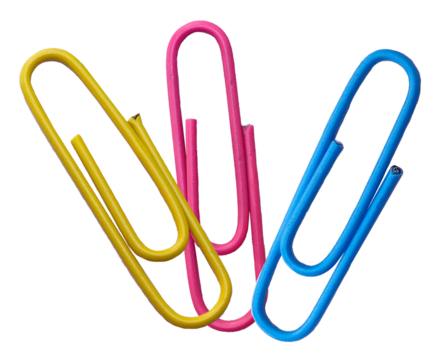 three bright, plastic-coated paper clips in yellow, pink, and blue, fanned out and overlapping slightly in a dynamic configuration, isolated on black.