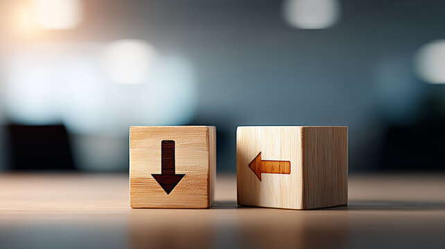 Wooden blocks with directional arrows representing choice decision making direction selection and strategic thinking within personal or professional scenarios.
