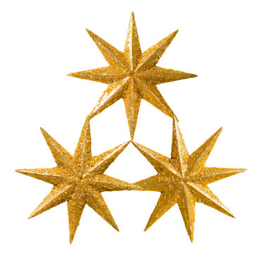 detailed close-up photograph of three sparkling gold glitter christmas or festive stars arranged in a symmetrical pyramidal shape, isolated on a transparent background.