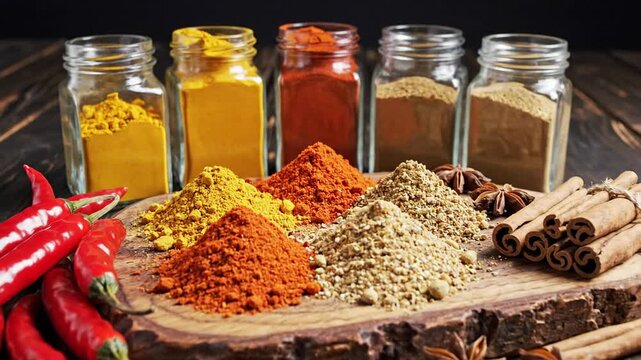 Assortment of vibrant spices and fresh red chili peppers on rustic wooden surface