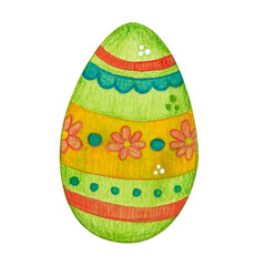 Green Easter egg with patterns. Hand-drawn watercolor illustration, cartoon. Farm, animals, bird, village, poultry farm, holiday, children, Easter, eggs, celebration, fun, game