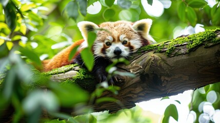 Cute Red Panda Resting on Tree Branch Surrounded by Green Foliage in Natural Forest Setting