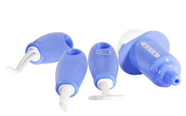 photograph of four blue and white baby nasal aspirator parts, including one showing measurement markings, grouped together and isolated on a black surface.