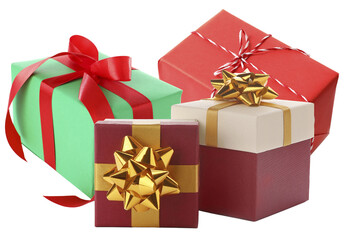 collection of festive christmas and holiday gift boxes wrapped in various papers and ribbons, showcasing rich colors like green, red, gold, and cream, isolated on black.