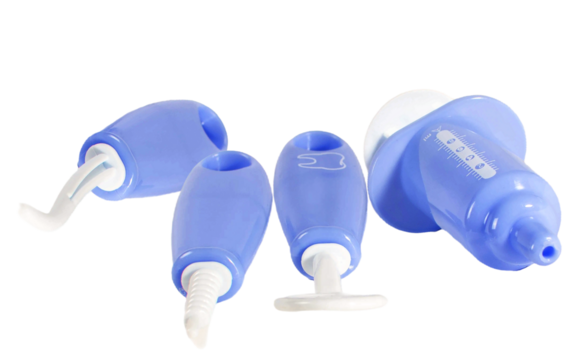 photograph of four blue and white baby nasal aspirator parts, including one showing measurement markings, grouped together and isolated on a black surface.