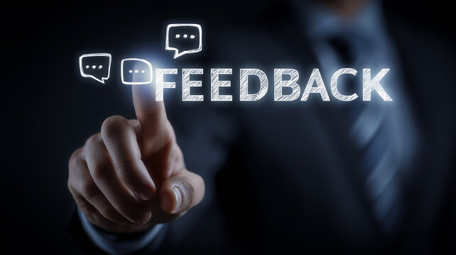 A feedback communication concept featuring a hand pointing toward illuminated dialogue icons symbolizing response interaction and constructive exchange within organizational environments.
