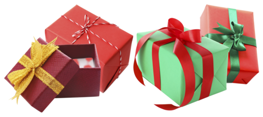 assortment of beautifully wrapped christmas gift boxes in festive red and bright green colors tied with elegant ribbons and bows, isolated on black.