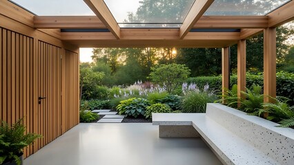 Fototapeta premium Modern contemporary style wooden pavilion with garden view, there are polished concrete floor, white terrazzo bench, wooden structure and transparent glass roof