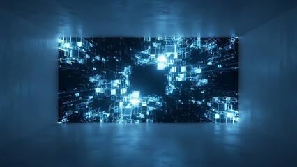 Obraz premium Empty square room with Abstract dark blue high-tech digital background with shining intersected low-polygonal cubes structures
