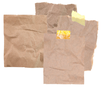 collection of overlapping, rough-edged brown kraft paper pieces featuring crumpled textures and secured with yellow adhesive tape, isolated on black.