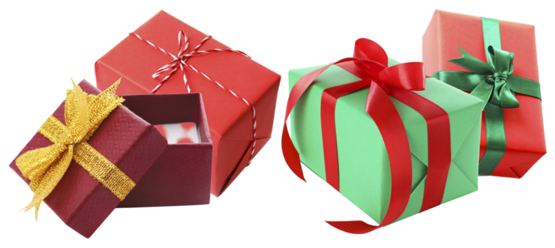 assortment of beautifully wrapped christmas gift boxes in festive red and bright green colors tied with elegant ribbons and bows, isolated on black. - Powered by Adobe