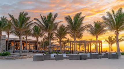 Fototapeta premium Beachfront lounge area at sunset with palm trees and modern architecture.