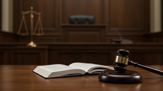 Courageous Judge Gavel and Law Book on Courtroom Table