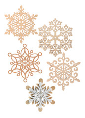 assortment photograph of five decorative wooden christmas snowflakes, featuring varying detailed patterns and a glitter accent piece, isolated on black.