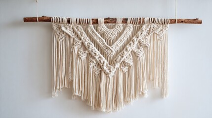 Beige-toned macrame wall hanging with intricate knotted patterns and a fringe, suspended from a wooden rod, against a white wall