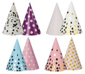 vibrant collection photograph of eight festive, colorful party hats featuring polka dots, metallic foil, and confetti patterns, isolated on a transparent background.