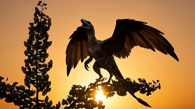 Silhouette of Feathered Dinosaur Perched on Tree Branch Against Fiery Sunset Sky