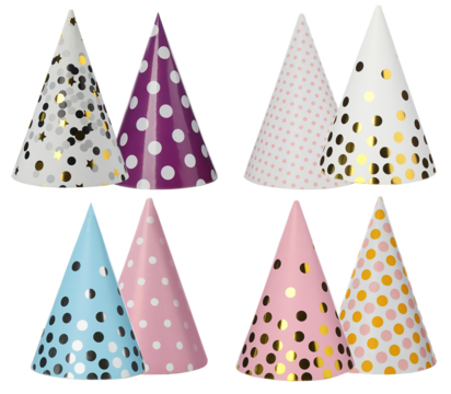 vibrant collection photograph of eight festive, colorful party hats featuring polka dots, metallic foil, and confetti patterns, isolated on a transparent background.