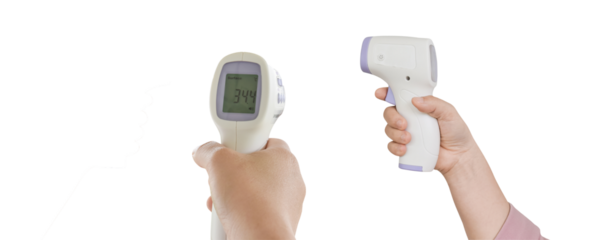 two hands holding non-contact infrared forehead thermometers, one showing a reading, emphasizing contactless health screening against a black backdrop.