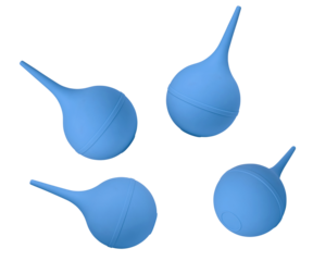 studio photograph of four individual light blue rubber bulb syringes, essential medical equipment for aspiration or irrigation, isolated on black.