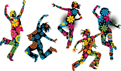 Groovy Flower Power Children Silhouette Vector Set: Kids Running and Jumping in Bright, Psychedelic Retro Floral Patterns, Happy 60s Style.