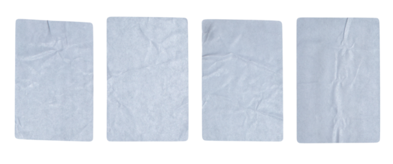 a set of four isolated rectangular white sticky notes or crumpled paper pieces showing prominent creases and subtle pale blue tint against a transparent background.