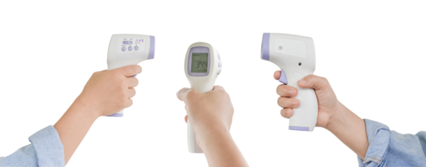 three different hands holding modern non-contact infrared thermometers, demonstrating temperature screening, isolated on a clean transparent background.