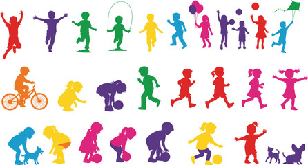 Naklejka premium Large Set of Colorful Children Silhouettes Running Jumping Skipping Playing with Balls and Pets Riding Bicycle Happy Youth Activity Vector Graphic.