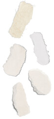 five irregularly shaped torn paper fragments in white and cream tones, showcasing rough deckled edges and natural fibers, isolated on black.