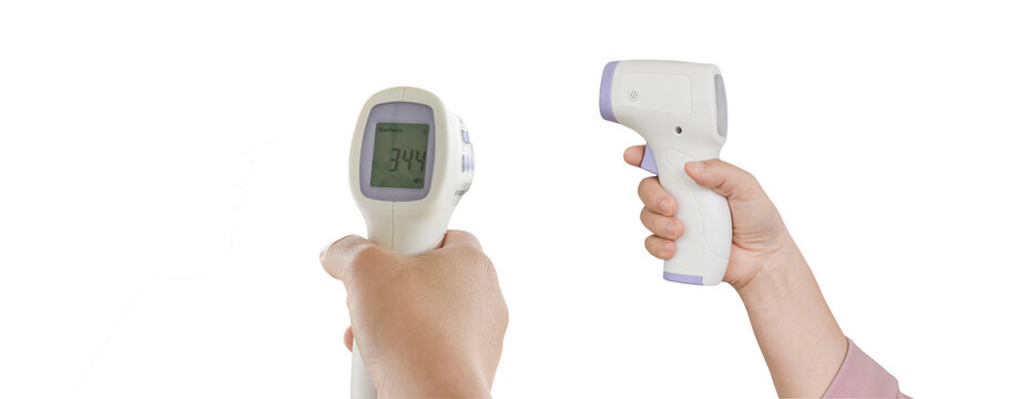 two hands holding non-contact infrared forehead thermometers, one showing a reading, emphasizing contactless health screening against a black backdrop. - Powered by Adobe