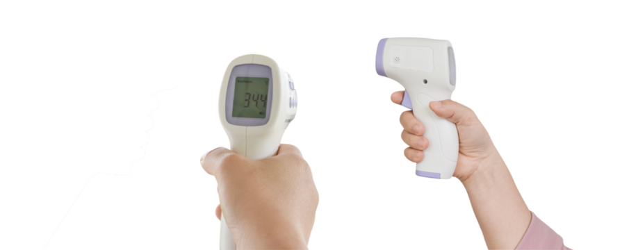 two hands holding non-contact infrared forehead thermometers, one showing a reading, emphasizing contactless health screening against a black backdrop.