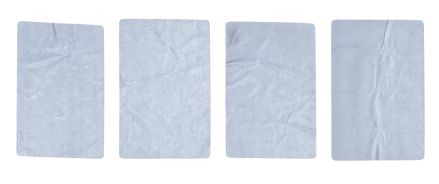 a set of four isolated rectangular white sticky notes or crumpled paper pieces showing prominent creases and subtle pale blue tint against a transparent background.