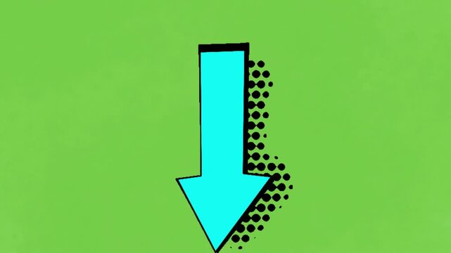 Bright cyan comic style arrow pointing down with halftone shadow effect on vibrant green background
