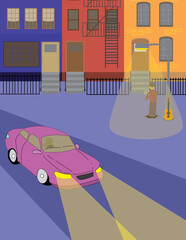 A vector art of night drive where the setting is in the city and a person is waiting outside. 
