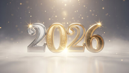 Silver and gold metallic 2026 typography floating in soft shimmering mist, illuminated by warm studio lights, delicate bokeh sparkles behind, elegant holiday luxury theme, hyper-detailed, 8K
