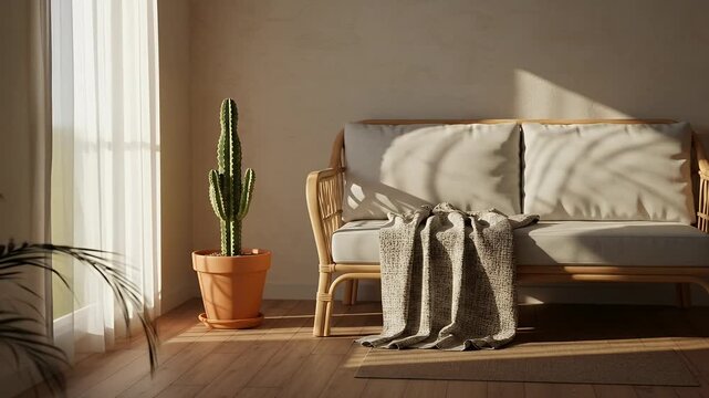Cozy Rattan Sofa With Cactus Plant And Sunlit Window Background