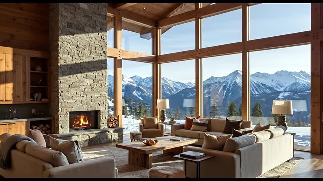 Cozy Mountain Lodge Living Room Fireplace Warm Sunlight Snowy Peaks View