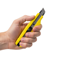 Hand Holding a yellow utility knife isolated on transparent background, PNG