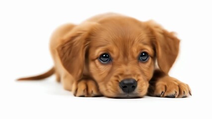 Cute Brown Puppy Dog With Big Eyes Lying On White Background Footage