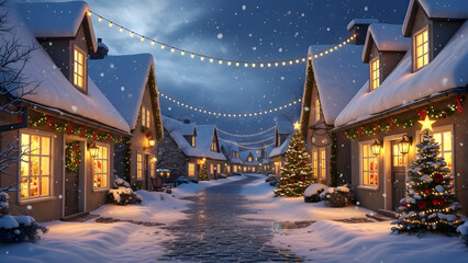 Cozy Christmas village at night with snow-covered rooftops, warm glowing windows, decorated Christmas trees, cobblestone streets, festive lights, peaceful holiday atmosphere