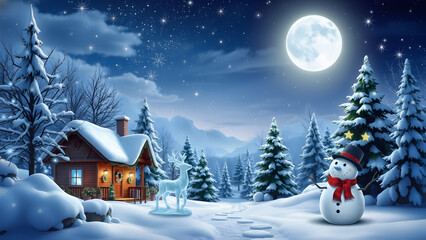 Winter night scene with snow, cozy wooden house, Christmas tree and snowman under the full moon
